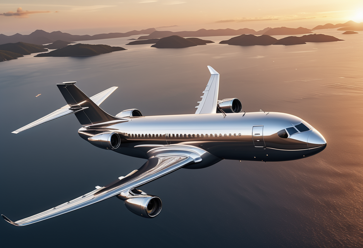 (medium full shot) of (sleek minuscule metallic airplane) with titanium fuselage, turbojet engines, advanced avionics, metallic accents, set in  cruising above a chain of remote islands, the airplane offering unique views, during sunset, ,Masterpiece,best quality, raw photo, realistic, very aesthetic