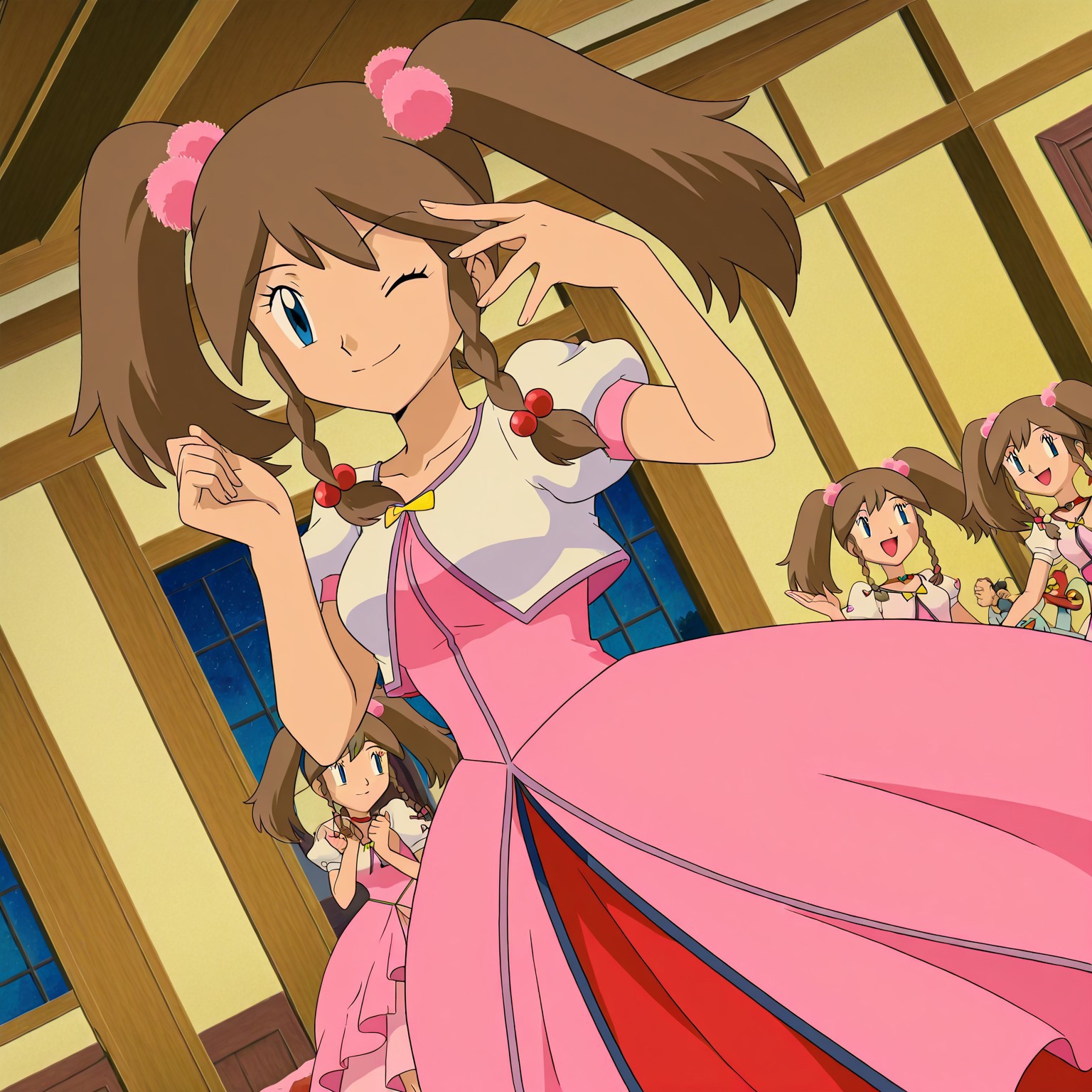 pokemon may, haruka, brown hair, twintails, braid, blue eyes, twin braids, hair ornament, hair bobbles, front view, solo, indoors, solo focus,medium breasts, dynamic angle, anime art style, anime coloring, Anime Screencap, dress, pink dress, posing, happy,  one eye closed, bedroom,  solo, 