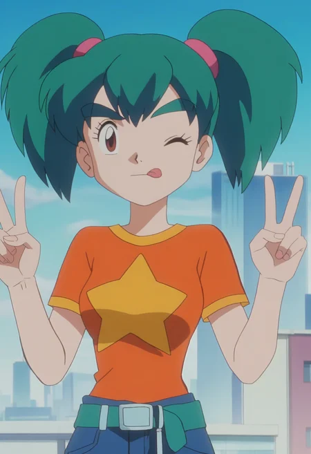 score_9, score_8_up, score_7_up, score_6_up, anime screencap, anime coloring, <lora:PMDuplica:0.9>, PMDuplica, 1girl, solo, brown eyes, green hair, bangs, twintails, hair tie, thick eyebrows, 
short sleeves, t-shirt, orange shirt, star print, green belt, jeans,
standing, one eye closed, double v, tongue out, looking at viewer, 
BREAK, cityscape, blue sky, sunlight,