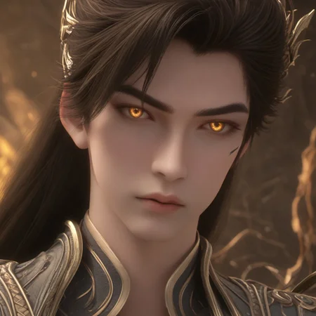 focus on face, fullbody, super detailed anatomic beautiful gentle face, PonyXLV6_Scores, shihao, shihao_soul, 1boy, solo, black hair, long hair, emperor_armor, golden_eyes, focus on face, focus on male,, portrait, high-fashion pose, mysterious and fantasy, epic, fantasy magic atmosphere, high quality,