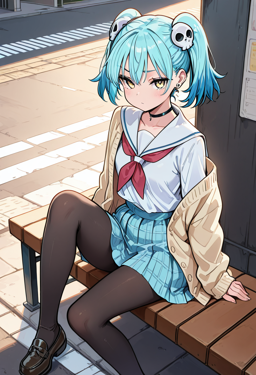 masterpiece, best quality, eyelashes, (beautiful eyes), 1girl, solo, (tsurime), sitting,   [Shibuya Street Bloom] zzIzutsumi, 1girl, solo, yellow eyes, tsurime, blue hair, short hair, twintails, short twintails, skull hair ornament, oversized cardigan, plaid mini skirt, tights, heeled loafers, floral choker, earrings, bustling crosswalk, fashion district aesthetic â Sitting atop a bench in Shibuya, zzIzutsumi adjusts her floral choker and watches the fashion parade pass by. Her cardigan slips casually off one shoulder, exposing just enough edge to contrast her soft outfit. The skull ornament peeking from her hair adds a mischievous twist to her cute style.     <lora:IzutsumiMarin_NinKoro_IXL_v1:0.7>,