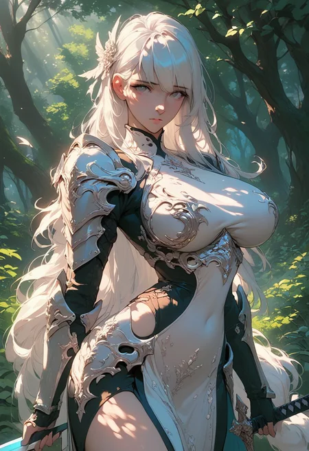 score_9, score_8_up, score_7_up, score_6_up, 1girl, beautiful, white hair, long hair, bangs, fair skin, big breasts, leather armor, sword, forest, dappled sunlight, looking at viewer,
zmzq