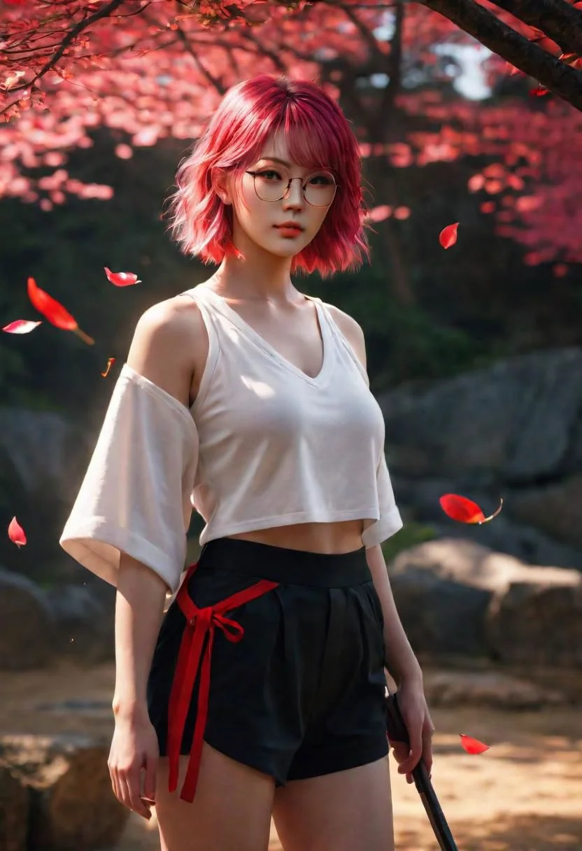 Nhywell3, glasses, crop top, dramatic lighting, maehwa trees, light trays, (sun beams), (falling red petals:2.0), high quality face, shorts, beautiful, cute face, ((pink hair)), realistic face, realistic, 4k, photography, realistic, raw photo, photorealism, feudal japan, (holding a spear), beautiful girl, martial arts, blue eyes, exploding petals, ((blooming)), ((blossom)), midriff, ((fighting)), action, ((maehwa)), sunset, cleavage, big tits