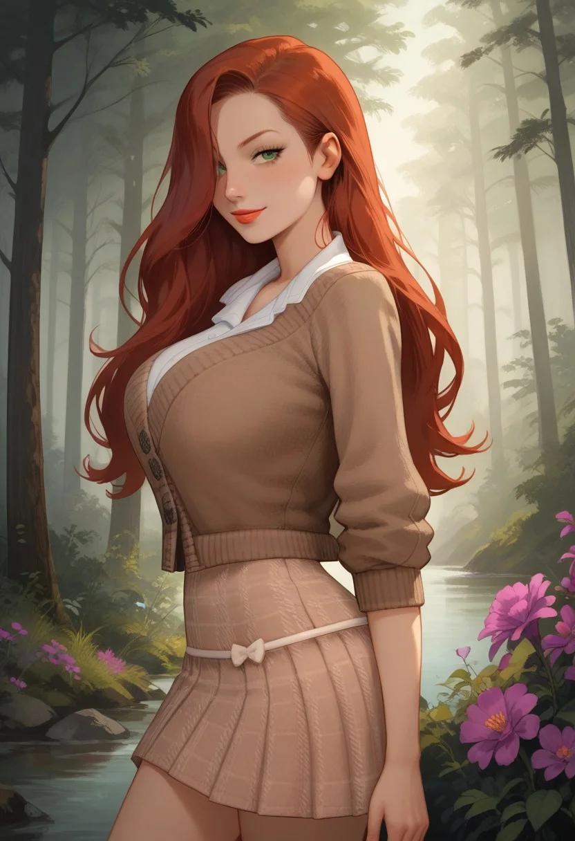 score_9, score_8_up, masterpiece, (ultra quality:1.5), ultra detailed, detailed background, detailed eyes
1girl, solo, jessica rabbit, red hair, long hair, hair over right eye, green eyes, large breasts, cute smile, collared shirt, beige cardigan, plaid skirt, bow, pale skin, (standing), (side angle), sunset, spring, purple wild flowers, pine forest, natural lighting, rating_questionable,