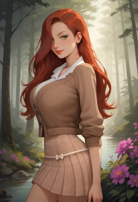score_9, score_8_up, masterpiece, (ultra quality:1.5), ultra detailed, detailed background, detailed eyes
1girl, solo, jessica rabbit, red hair, long hair, hair over right eye, green eyes, large breasts, cute smile, collared shirt, beige cardigan, plaid skirt, bow, pale skin, (standing), (side angle), sunset, spring, purple wild flowers, pine forest, natural lighting, rating_questionable,