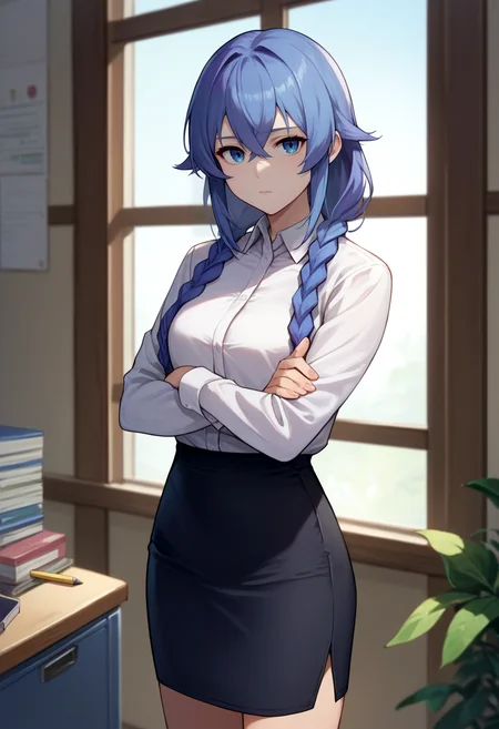 score_9, score_8_up, score_7_up, source_anime, solo, 1girl, roxy migurdia, expressionless, looking at viewer, crossed arms, twin braids, white shirt, collared shirt, pencil skirt, indoors, office <lora:mushokutensei_roxymigurdia_ponyXL:1>