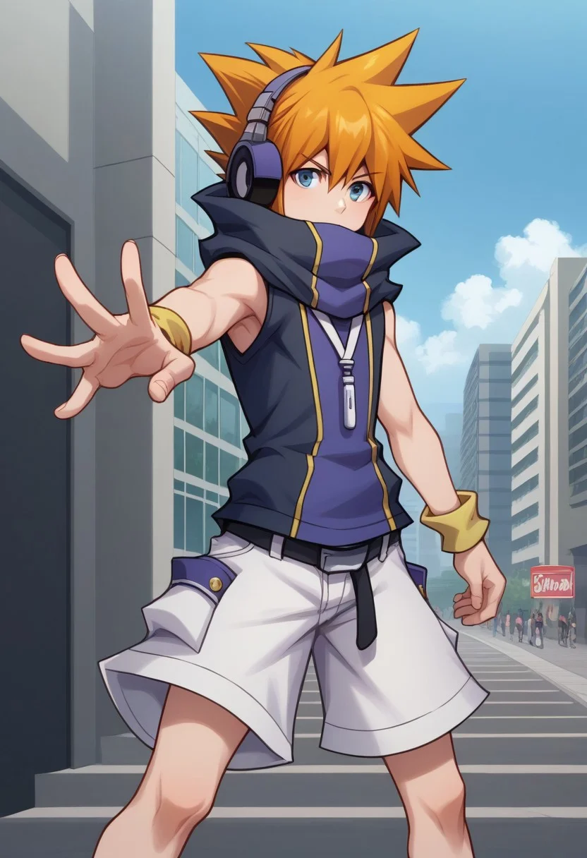 score_9, score_8_up, score_7_up, source_anime, highly detailed,
nekusakuraba, solo, 1boy, male focus, headphones, orange hair, black hair, multicolored hair, spiked hair, blue eyes, shorts, white shorts, looking at viewer, belt, outstretched arm, hoodie, sleeveless hoodie, high collar, legs apart, standing, sleeveless, wristband, yellow wristband,
outdoor, street, building, sky, cloud,