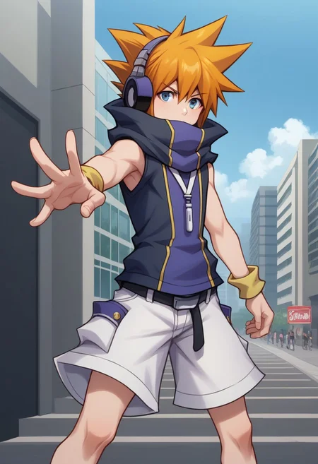 score_9, score_8_up, score_7_up, source_anime, highly detailed,
nekusakuraba, solo, 1boy, male focus, headphones, orange hair, black hair, multicolored hair, spiked hair, blue eyes, shorts, white shorts, looking at viewer, belt, outstretched arm, hoodie, sleeveless hoodie, high collar, legs apart, standing, sleeveless, wristband, yellow wristband,
outdoor, street, building, sky, cloud,