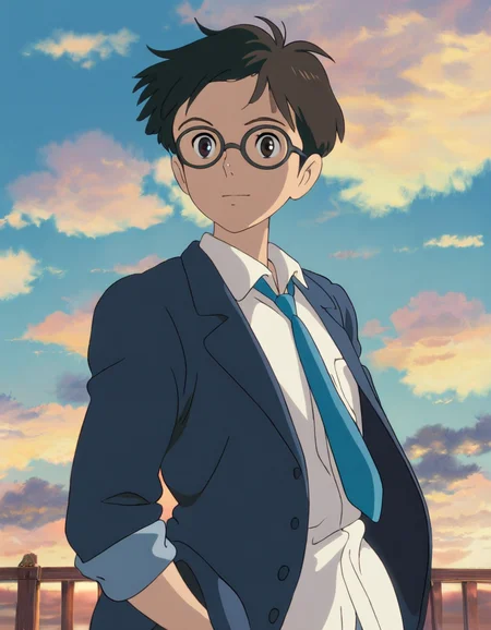 Studio Ghibli, hand-drawn animation style,
masterpiece, high score,
boy, solo, short hair, brown hair, shirt, black hair, brown eyes, jacket, white shirt, upper body, necktie, sky, glasses, day, collared shirt, cloud, cloudy sky, blue necktie,
<lora:Ghibli_xl_v2:1>