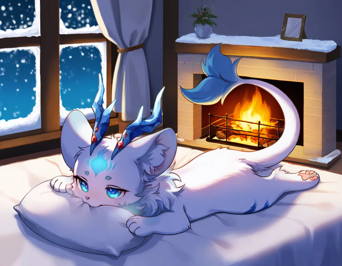 masterpiece:1.1, best quality:1.1, fantasy kinoko, <lora:N11_KinokoV2_22_1206:0.7>, solo,indoors, on bed,fireplace, snow, sandazaar