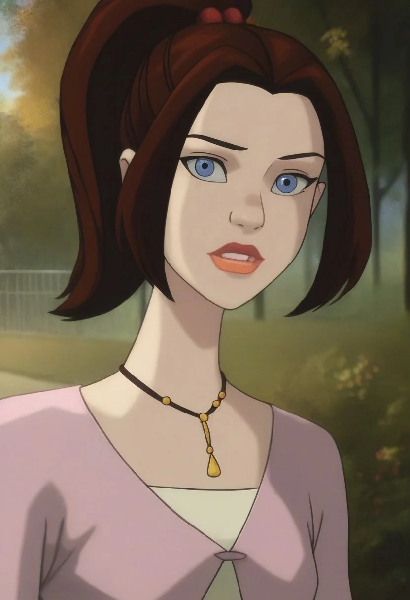 score_9, score_8_up, score_7_up, realistic photo of ktprd, 18-year-old 1girl, unique angle, unique framing, upper body, face focus, (looking at viewer), parted lips, 1girl, brown hair, high ponytail, orange lips, blue eyes, cord necklace, pink one-button cardigan, cream t-shirt, by loish, masterpiece, lips parted, slim figure, petite, (outdoors, park, blurred background, shadowed background), side lighting, warm lights, uncensored,