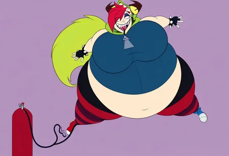 demencia, red hair, green ponytail, striped thighhighs, single striped sock, anklet, green monster hood, yellow eyes, sharp teeth, dark blue hoodie, single striped sleeve, red sneaker, blue sneaker, black skirt, smile, eyeshadow, spiked bracelet, zipper pull tab, torn pantyhose, glove, tongue out, clothed, inflating, floating, body inflation, breast expansion, inflated arms, inflated legs, leaning forward, helium tank, hose in mouth, by truegrave9 <lora:InflationXL-02-PonyXL-e050:1>