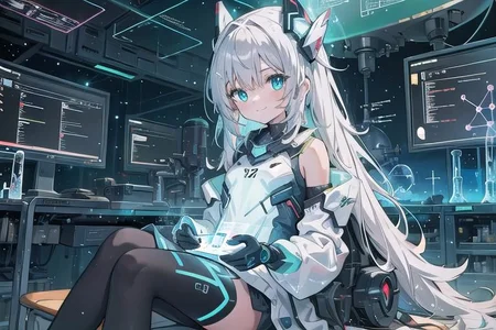 (masterpiece), (science fiction:1.4), 1girl, sitting, smile, silver hair, aqua eyes, headgear, long sleeves, detached sleeves, glowing energy clothing, light particles