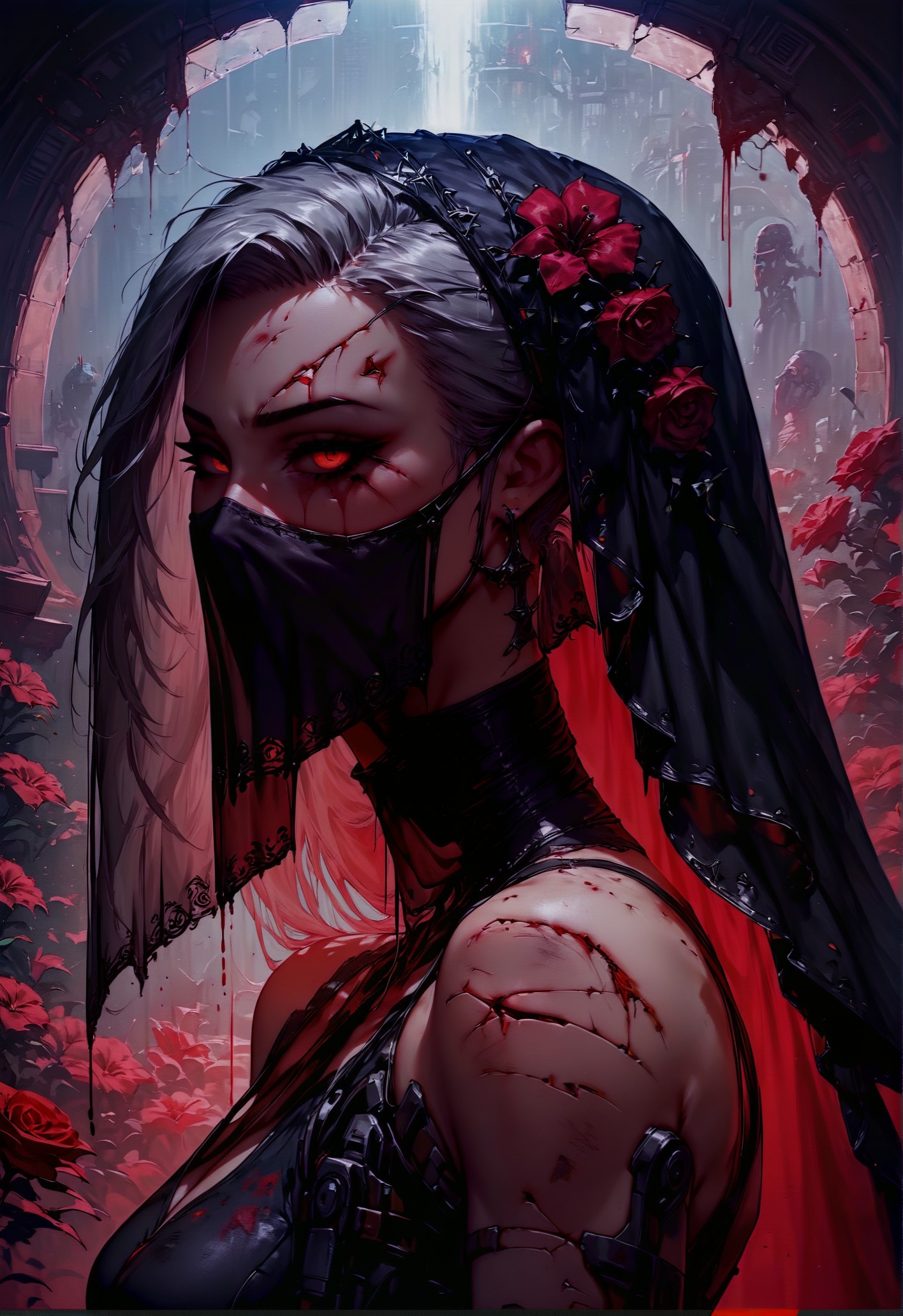 score_9, score_8_up, score_7_up,  1girl, side view, looking at viewer, (hips:1.2), techno suit, technology, uncommon appearance, (crashed spaceship, broken spaceship on the background), gray hair, half face covered, (robotic half face, half face cyborg, cyborg), injuries, blood, (face mask, broken mask, veil, broken glass), mystic, holding bloody knife, (black veil, face veil, final boss:1.2), red flowers  <lora:pony/twilight_style:0.8> concept art, realistic <lora:pony/expressiveh:0.4> expressiveh <lora:sdxl/princess_xl_v2:0.8> <lora:pony/vixon_gothic_neon_style:0.32> g0thicPXL, glowing, neon