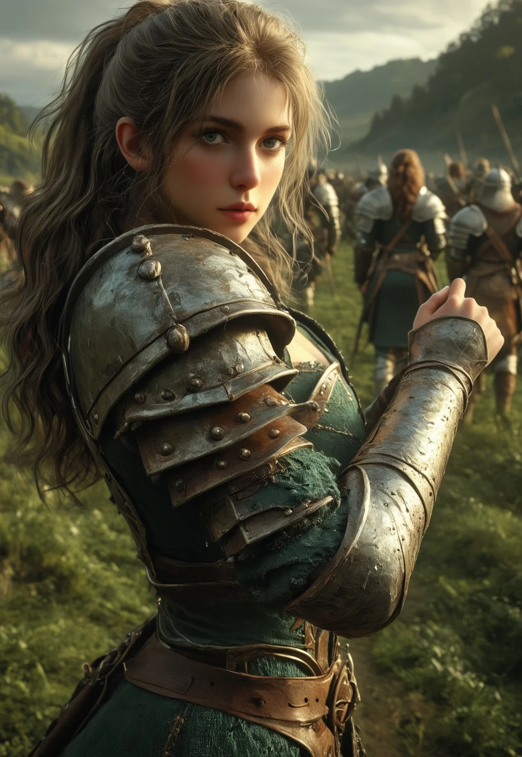 a woman warrior, clad in medieval armor, standing proudly amidst the lush green plains of a valley, under a brilliant blue sky with fluffy white cloud. ((big battleaxe in hands))
(8k uhd:1,4)
(((full clothed)))
(((((upper body))))), dynamic pose
<lora:Dynamic Poses:1>
<lora:detailed_notrigger:1>
(((full clothed)))