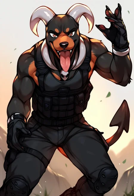 score_9, score_8_up, score_7_up, score_6_up, score_5_up, score_4_up, source_furry, source_anime, BREAK, (male: houndoom, anthro, male:1.2), ( curved horn, horns, black fur ,brown countershading, countershade fur, spade tail :1.3), (anthro houndoom, tactical harness, tactical googles, tactical gloves, tactical boots, Bad boy pose, tongue out, evil smile :1.6) (outdoors:1.1),
,