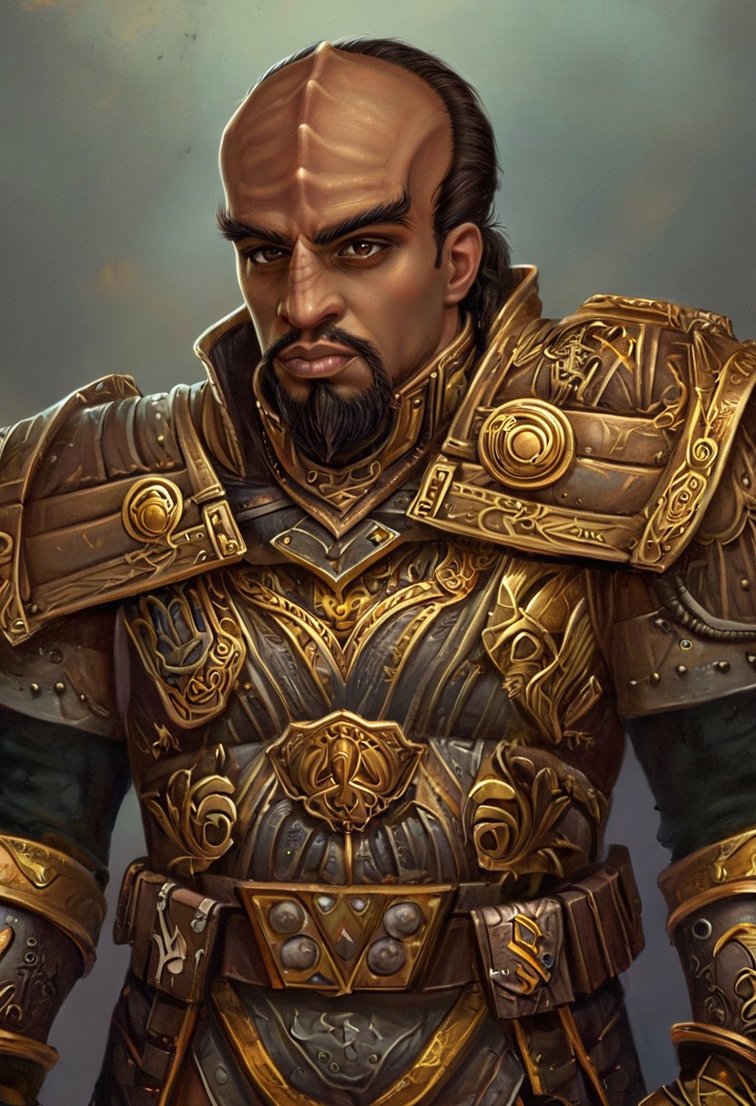novuschroma17 style, male kling0n alien, brown skin, forehead ridges, large eyebrows, wearing medieval heavy golden paladin armor