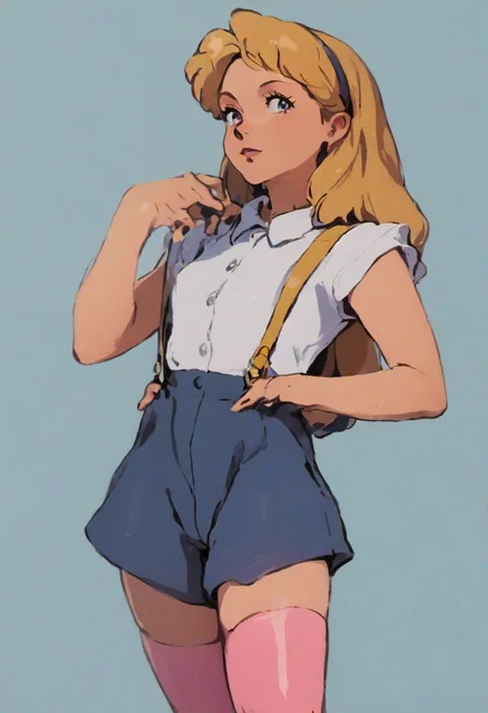 score_9, score_8_up, score_8, source_anime, rating_questionable,
30yo Alice from wonderland, classic pinup model, shorts, suspenders, shirtless, pink thigh high stockings, yellow headband, norman rockwell style, 90s4n1m3