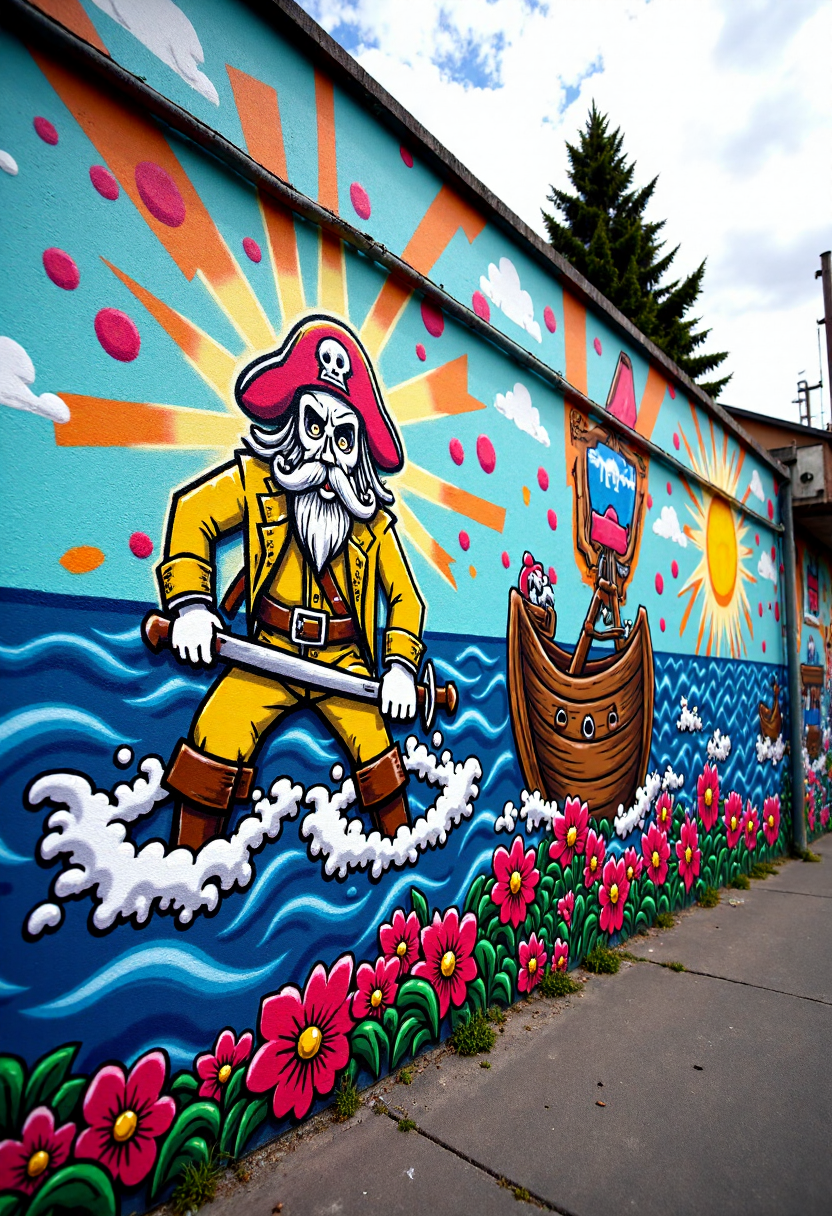 <lora:Brick_Wall_Graffiti_FLUX:1>
This photograph captures a vibrant, detailed mural on a wall, painted in a bold, cartoonish style. The mural features a stylized depiction of  a pirate captain wielding a cutlass