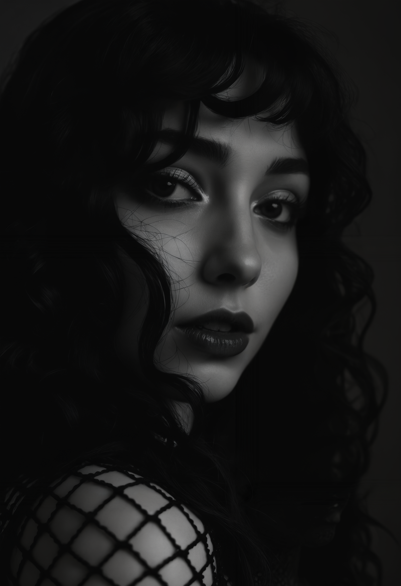a black and white photo of a woman's face, featured on cgsociety, art photography, fishnet clothes, submissive, dark. no text, bottom shot, curvy, kiss, dark aesthetics, full body close-up shot, 8k fine art photography, lattice, a close-up, 2 b, wrapped in black, 2b, petite
<lora:add-detail-xl:0.5> <lora:xl_more_art-full_v1:0.5>
