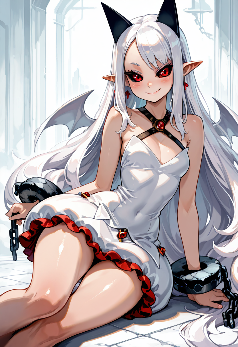 masterpiece, best quality, solo, curvy, beautiful eyes,  narrow waist, shiny skin,zzPram, 1girl, solo, long white hair, horns, pointy ears, red eyes, black sclera,,, jewelry, dress, bubble skirt, earrings, chain, bat wings, albino, shackles, criss-cross halter, ,<lora:PramPhantomKingdom_IXL_v1:1.0>, seated on floor, legs to side, shy smile,  looking at viewer,