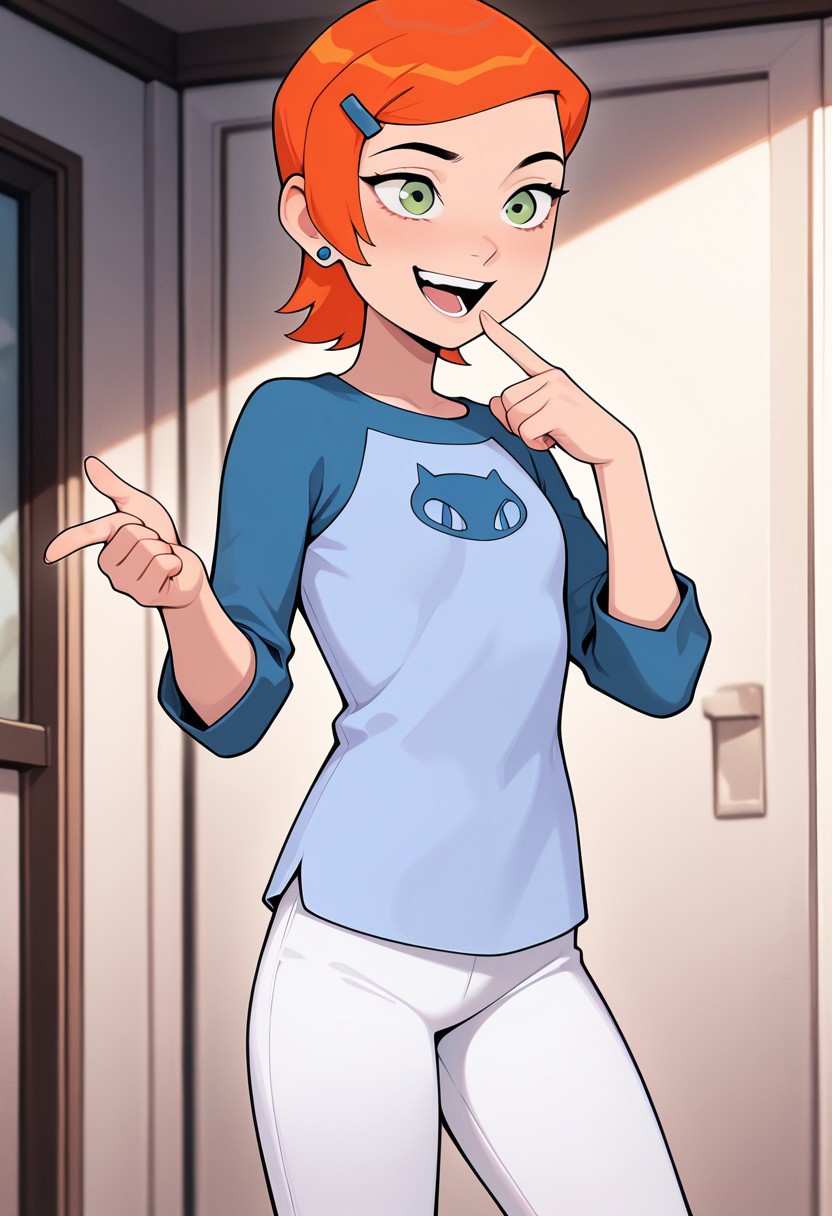 ((screencap, cartoon)) , masterpiece, best quality, amazing quality, very aesthetic, absurdres, newest,
gwenos,, short hair, hairclip, orange hair, 1girl, , earrings, ((solo)),, eye liner, green eyes
blue shirt, white pants, raglan sleeves, 
pointing, laughing,