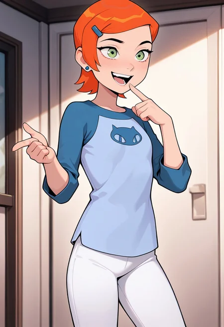 ((screencap, cartoon)) , masterpiece, best quality, amazing quality, very aesthetic, absurdres, newest,
gwenos,, short hair, hairclip, orange hair, 1girl, , earrings, ((solo)),, eye liner, green eyes
blue shirt, white pants, raglan sleeves, 
pointing, laughing,
