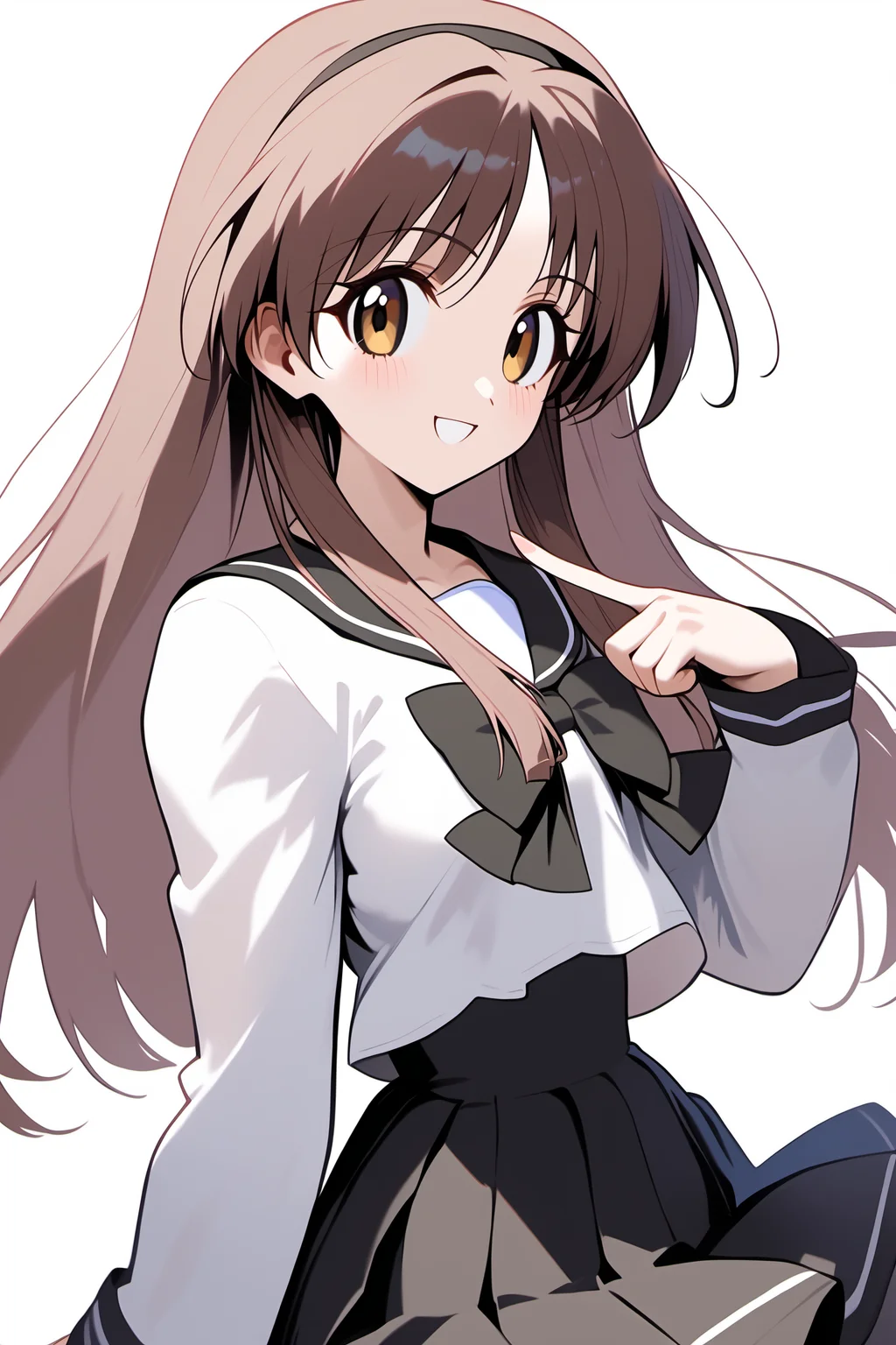 score_9,score_8_up,score_7_up,score_6_up,score_5_up,score_4_up,score_9,
hizuki ayaka \(memories off\), school uniform, black hairband, black cuffs with a white stripe, black back skirt ribbon, black bow, black collar with a white stripe, black skirt with a white stripe,
1girl,solo,smile,white background,upper body,looking at viewer,cowboy shot,close up,portrait,pointing at viewer,
<lora:HizukiAyakaPony:1>,