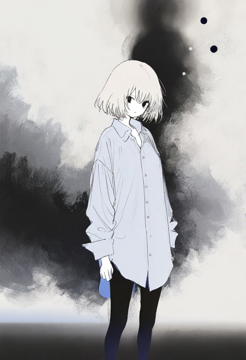 masterpiece, newest,absurdres,incredibly absurdres, best quality, amazing quality, very aesthetic, surreal, flat color, 
1woman, oversized shirt, light particle, bokeh, blurry foreground,
 <lora:fuyumur4s4ki_style:1> fuyumur4s4ki_illu  <lora:KonYa666:0.7> kony4666