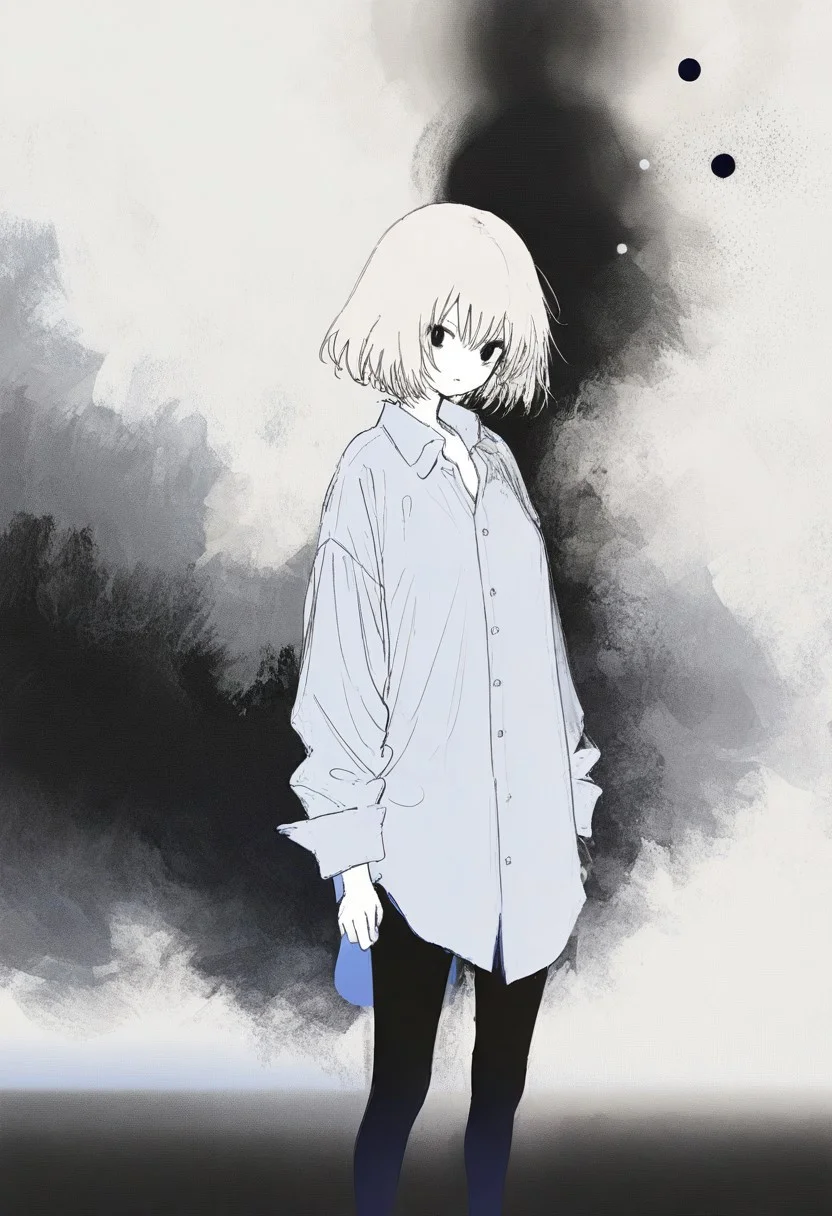 masterpiece, newest,absurdres,incredibly absurdres, best quality, amazing quality, very aesthetic, surreal, flat color, 
1woman, oversized shirt, light particle, bokeh, blurry foreground,
 <lora:fuyumur4s4ki_style:1> fuyumur4s4ki_illu  <lora:KonYa666:0.7> kony4666