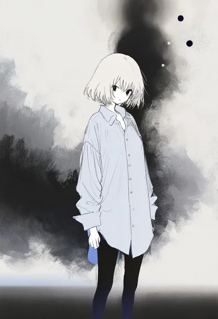 masterpiece, newest,absurdres,incredibly absurdres, best quality, amazing quality, very aesthetic, surreal, flat color,
1woman, oversized shirt, light particle, bokeh, blurry foreground,
<lora:fuyumur4s4ki_style:1> fuyumur4s4ki_illu <lora:KonYa666:0.7> kony4666