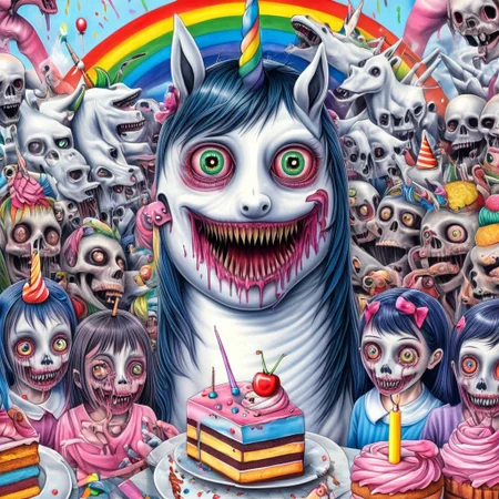Lisarank, creepy unicorn with scary mouth looming over anime girls at a birthday party, skulls and cake, rainbows, cute, high quality, high resolution,