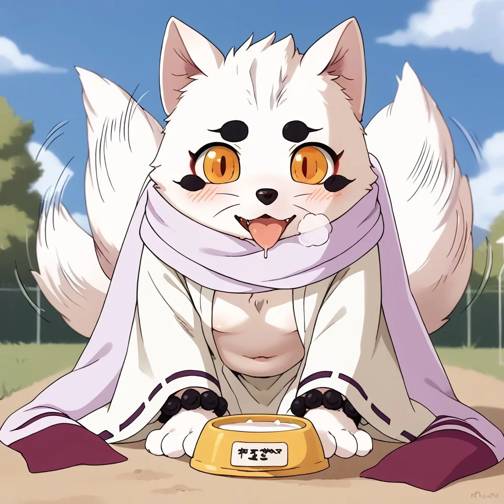 source_furry,source_anime,rating_safe, moe, cute, score_10, score_9_up, score_8_up, score_7_up, score_6_up, masterpiece, best quality, good quality,beautiful landscape, Romantic,full body,background:playground,blue_sky,sky,BREAK, ((solo,1girl,female,girly)),canid,Small Body, (chibi:0.7),Furry,overweight_female,((petplay,pet play,dog play)),begging,all fours,sitting,
looking happy,cute face,smile,blush,looking pleasured,open mouth, loving expression, 
tongue out,torogao,in_heat,heavy_breathing,nose blush, drooling, fluffy fur, white fur, white body, 4 fingers, 4 toes, flat chested,fluffy_tail,circle_eyebrows, Haru \(Gingitsune\), furry, fox spirit,big eyes,(big open eyes,round eyes),amber eyes,black slit pupils, versized_clothing, japanese_clothing,(white kimono:0.7),oversized robe,(white robe:1.5),[Purple patterned robe],(scarf,white scarf:1.5),bead bracelet, purple bead bracelets,raised robe,open robe,open kimono,((open topwear:1.5)),navel, fundoshi,
collar,leash,((tailwag)), (((motion lines))),
(pet_bowl,filling dog bowl with milk, dog bowl,),Drinking milk,