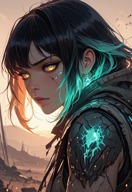 (masterpiece), (best quality), (8k), 1girl, cinematic lighting, dynamic action pose, mid-motion, desert setting, glowing heat haze, sun rays cutting through sand dust, monster scale armor, intricate textures, two-tone hair flowing in wind, intense expression, axe mid-swing, muscular build, determined face, cloak flaring behind, ambient particles in air, golden hour glow, cracked sandstone terrain, tribal hunter aesthetic, mid-leap or mid-charge, motion blur on background, focused eyes,
Close up, closeup,