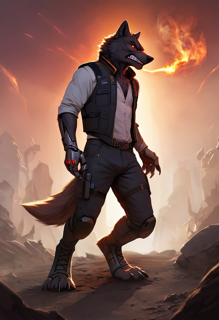 male, solo (anthro, (furry), wolf, black fur) stylized artwork, techwear, futuristic technology, dynamic, helmet, vest, cyberpunk, full body, dynamic lighting, cybernetic enhancements, masterpiece, absurd quality, Sinozick, dark aesthetic, Warzone, destroyed city, fire, smoke, red sky, metal claws, huge claws, sharp teeth, angry,
(ray tracing, photo realistic, good shadows, score_9, score_8_up, score_7_up),