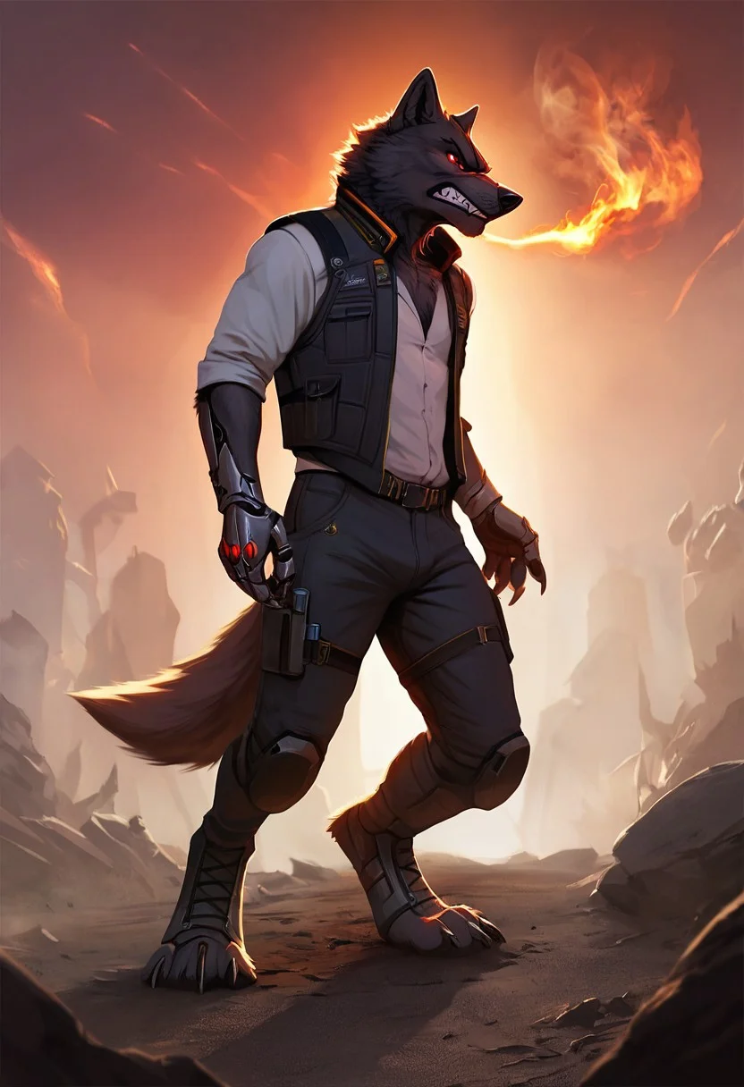 male, solo (anthro, (furry), wolf, black fur) stylized artwork, techwear, futuristic technology, dynamic, helmet, vest, cyberpunk, full body, dynamic lighting, cybernetic enhancements, masterpiece, absurd quality, Sinozick, dark aesthetic, Warzone, destroyed city, fire, smoke, red sky, metal claws, huge claws, sharp teeth, angry,
(ray tracing, photo realistic, good shadows, score_9, score_8_up, score_7_up),