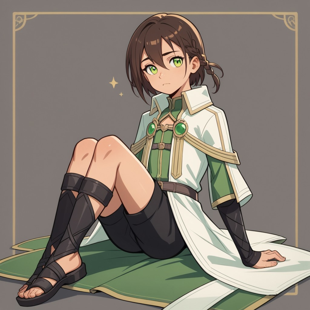 score_9, score_8_up, score_7_up, score_6_up, million arthur、A cute and androgynous boy (trap) in a fantasy-style outfit. He has short, dark brown hair with a side braid and loose strands framing his face, and bright green eyes. He wears a long green and white coat with gold accents, open at the sides to reveal black shorts. His outfit has intricate patterns, and he wears black arm wraps and crisscrossed sandals. The design is elegant, blending medieval fantasy and magical aesthetics
