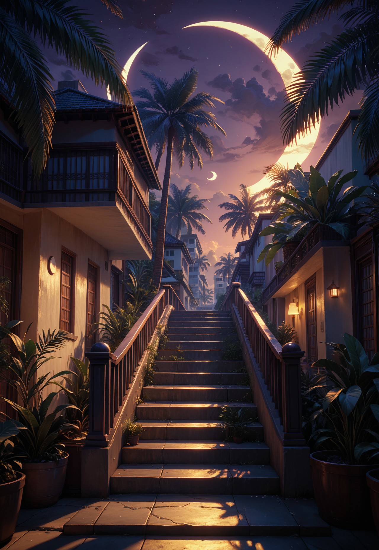 PonyXLV6_Scores Versabg, tree, no humans, palm tree, crescent moon, outdoors, scenery, moon, sky, building, night, purple sky, lamppost, shadow, stairs, sunset