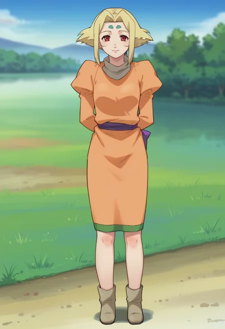 score_9,score_8_up,score_7_up,score_6_up,score_5_up,score_4_up,anime coloring BREAK source_anime,anime,<lora:Fiona Elisi Linette Zoids Pony:0.8>,fiona,1girl,solo,red eyes,forehead mark,blonde hair,sidelocks,ponytail,orange dress,juliet sleeves,purple sash,dress bow back,smile,standing,(arms_behind_back:1.2),outdoors,looking at viewer,full body,