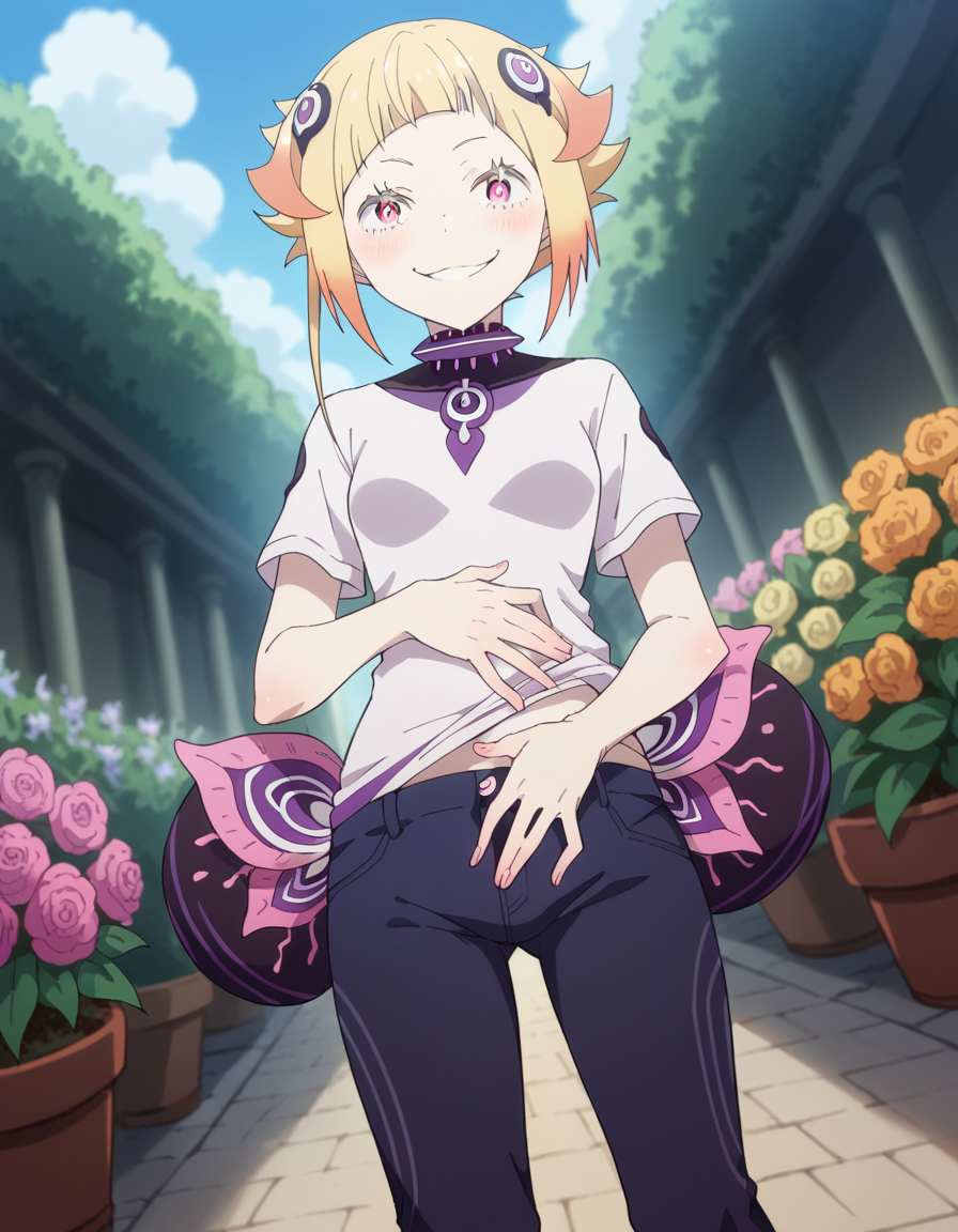 score_9, score_8_up, score_7_up, source_anime, <lora:capella-emerada-lugunica-s3-p1-ponyxl-lora-nochekaiser:1>, capella emerada lugunica, short hair, blonde hair, hair ornament, pink eyes, multicolored hair, gradient hair,, shirt, t-shirt, white shirt, pants, denim pants,, garden, flowers, path, plants, tranquil, smile, hand on stomach, blush,, looking at viewer, solo,, dutch angle, cowboy shot