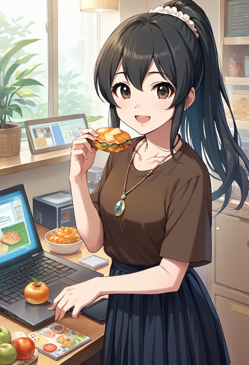 score_9, score_8_up, score_7_up, source_anime, ohishi izumi, long hair, brown eyes, black hair, 1girl, jewelry, ponytail, solo, necklace, skirt, smile, open mouth, computer, looking at viewer, food, laptop