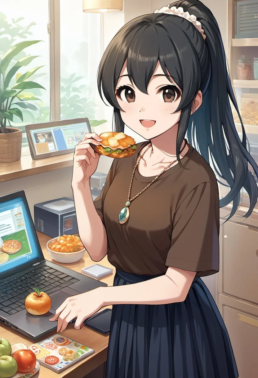 score_9, score_8_up, score_7_up, source_anime, ohishi izumi, long hair, brown eyes, black hair, 1girl, jewelry, ponytail, solo, necklace, skirt, smile, open mouth, computer, looking at viewer, food, laptop