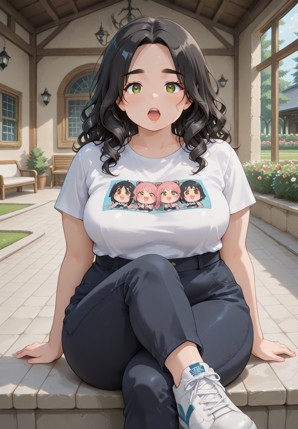 IllusP0s, PonyScores7, source_anime, ah1, IllustriousQual, interesting, exciting, spectacular, wonderful, amazing quality, absolutely eye-catching, very awa,
BREAK <lora:xl_more_art-full_v1:0.2>, <lora:aesthetic_anime_v1s:0.2>, <lora:detailxl:0.2>, detailxl, amazing quality, best aesthetic, absurdres, illustration, Volumetric_Lighting, ultra-detailed, very aesthetic, intricate details, best_quality, lazympos, <lora:Add_Details_v1.2:0.4>, <lora:quality_modifiers_masterpieces_v1:0.2>, anime style, <lora:HDA_Detailer:0.3>, <lora:natsumi_style:0.2>, <lora:by_usakun-pony:0.2>, by usakun, <lora:Akina_Bbw_Style_-_PonyXL:0.2>, AkinBw,
BREAK (((feet, crossed legs, toe to viewer, foot up, sitting, soles, toes))), dynamic pose,
BREAK 1girl, mature female, (curvy), round-chin, caucasian, <lora:ETO_OC_Illustrius:0.5>, eto_oc, skindentation, (plump), thick thighs, wide hips, busty, voluptuous, round ass, large breasts, <lora:plussizegirls_IL:0.3>, <lora:plussizegirls_pony:0.3>, glistening skin, HDA_FatGirlXL, <lora:perfection style:0.2>, perfection style, perfection, 
BREAK ((electric pink graphic tee with high-waisted black jeans and white sneakers)),
BREAK (curly hair), long hair, (black hair:1.4), (parted hair:1.7), messy hair, kinky curls, detailed hair, <lora:hairdetailpxl:0.2>, hairdetailpxl,
BREAK (half green and brown eyes), (colorful eyes), (multicolored eyes), (downturned eyes:1.4), expressive eyes, perfect eyes, eyes hd, detailed eyes, (round face:1.2), (thick eyebrows:1.3), (plump face), lips, <lora:Round_face:0.2>,
BREAK (((moaning in pleasure expression))), Expressive, emotional, looking at viewer, Face Detailed, <lora:Expressive_H:0.2>, Expressiveh, <lora:Emotional_Anime_Expressions_PonyXL_Concept:0.2>, looking at viewer, <lora:Detailed expressive EXEV style -XL Pony V1.0:0.2>, FaceDetail, <lora:Best_Facial_Expression_Helper_XTREME_ILLU:0.4>, kaogei,
BREAK (((a countryside manor, with sprawling lawns, formal gardens, historic charm, elegant ambiance))), (((fine art portrait photography, blending portraiture with artistic expression, exploring identity and emotion, creative concepts, dramatic lighting, unique compositions, storytelling through faces, immersive experiences, emotional depth, innovative techniques, visual poetry, capturing personality, artistic interpretation, evocative imagery, personal narratives))), 4k, 8k, Ultra HD, Masterpiece, Best quality, Detailed background, foreshortening, extreme perspective, full_details, <lora:AddMicroDetails_Illustrious_v3:0.2>, addmicrodetails,