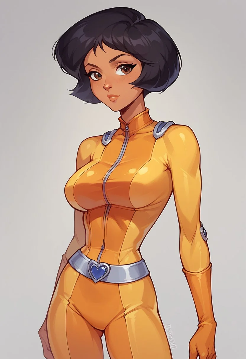 core_9, score_8_up,score_7_up, score_6_up, score_5_up, score_4_up, 1girl, alex \(totally spies\), brown eyes, dark hair,,, narrow waist, large breasts, yellow bodysuit, belt