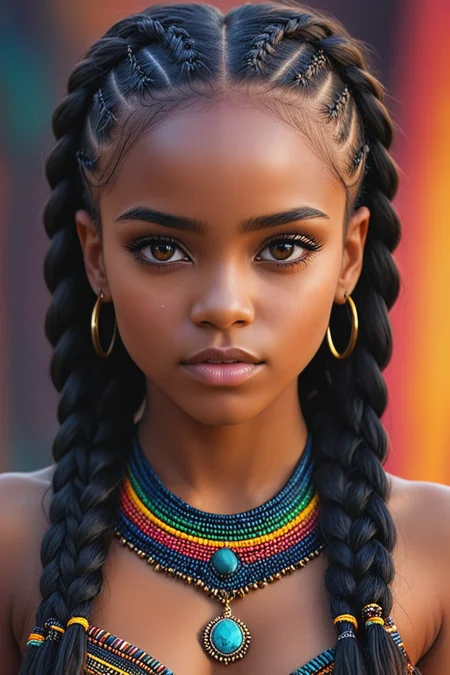 portrait,mesmerizing tribal girl,messy hair black,tantalizing eyes,realistic skin texture,jewelry,HD,(hyperdetailed long african multi braided dark hair),<lora:add-detail-xl:0.8>,electrifying,vivid colors,intricate background,<lora:helios666:0.3>,<lora:Braided_Sides_V6:0.4>,