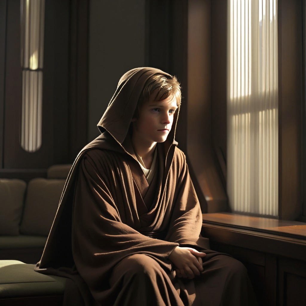jedi temple, star wars, blinds, sitting, indoors, formal, jedi robes, male focus, window, tunic, long sleeves, 1boy, hood
