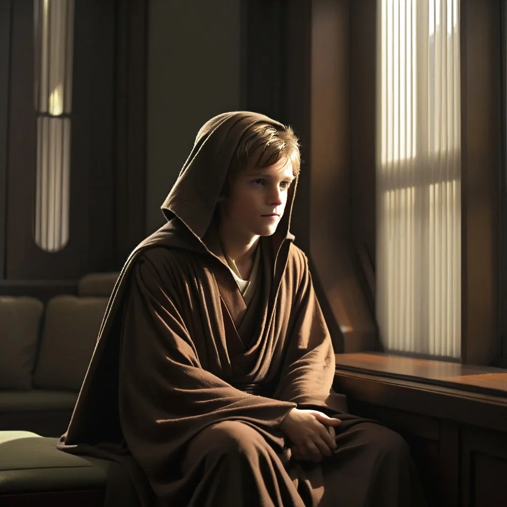 jedi temple, star wars, blinds, sitting, indoors, formal, jedi robes, male focus, window, tunic, long sleeves, 1boy, hood