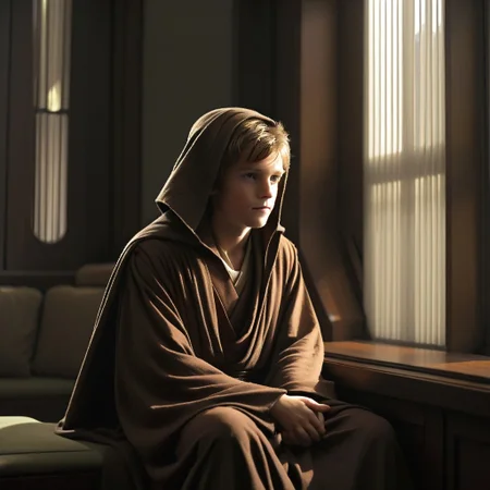 jedi temple, star wars, blinds, sitting, indoors, formal, jedi robes, male focus, window, tunic, long sleeves, 1boy, hood