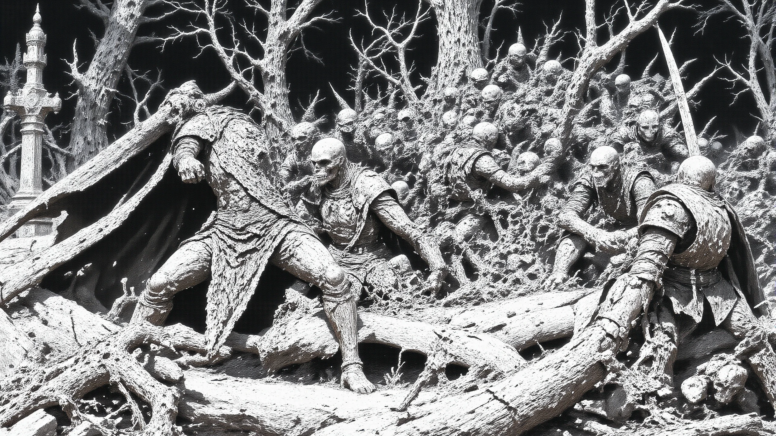 terror horror fantasy landscape, graveyard, comics, very detailed medieval warrior  holding a sword fighting against a group of esquletons, vampires and monsters, (multilayer paint splash style),  <lora:Hand v2:1> <lora:Anti-Blur:1> <lora:Insane Detail Slider:0.5>   <lora:Flux.1_Turbo_Detailer:0.6>   <lora:flux-photo-transparent_Alpha_1.0:0.8> <lora:flux.1_lora_flyway_Epic-detail_v2:1>   <lora:FluxMythP0rtr4itStyle:0.8> mythp0rt <lora:zy_Dark_Fantasy_Flux:0.5> <lora:Wraith_BW_Flux:0.2> B&W