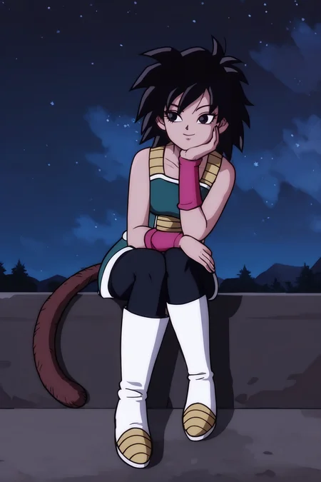 source_anime, score_9, score_8_up, score_7_up, anime screencap, absurdres, official style,
gine,  black saiyan armor, black skirt, 1girl, solo, smile, black hair, sitting, full body, boots, two tone footwear, white footwear, pantyhose, white trim, sky, black eyes, night, pink wristband, star \(sky\), night sky, starry sky, head rest, monkey tail, saiyan armor, eyebrows, eyelashes, black legwear, hand on thigh
 <lora:gine_pony_v4:0.8>